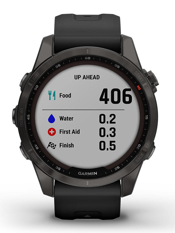 GARMIN Fenix 7S Sapphire Solar - Kolgrå titan och svart silikonarmband
