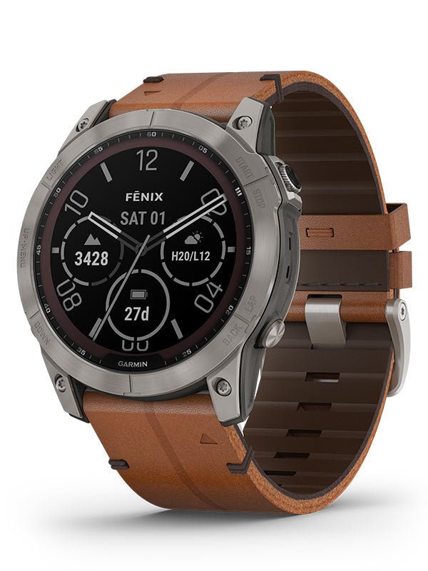 GARMIN Fenix 7X Sapphire Solar - Titan med kastanjefärgat läderarmband klockor - Klockeriet.se