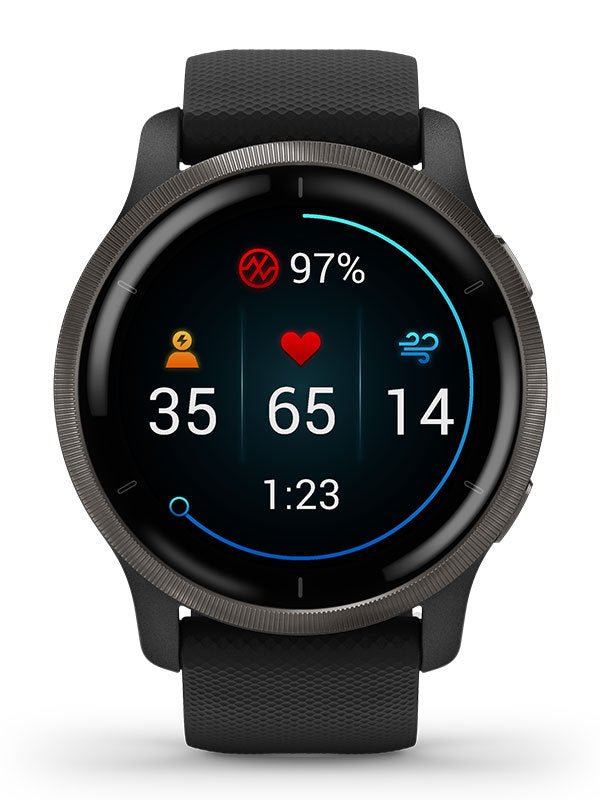 GARMIN Venu 2 Skiffergrå i rostfritt stål med svart boett och silikonarmband klockor - Klockeriet.se